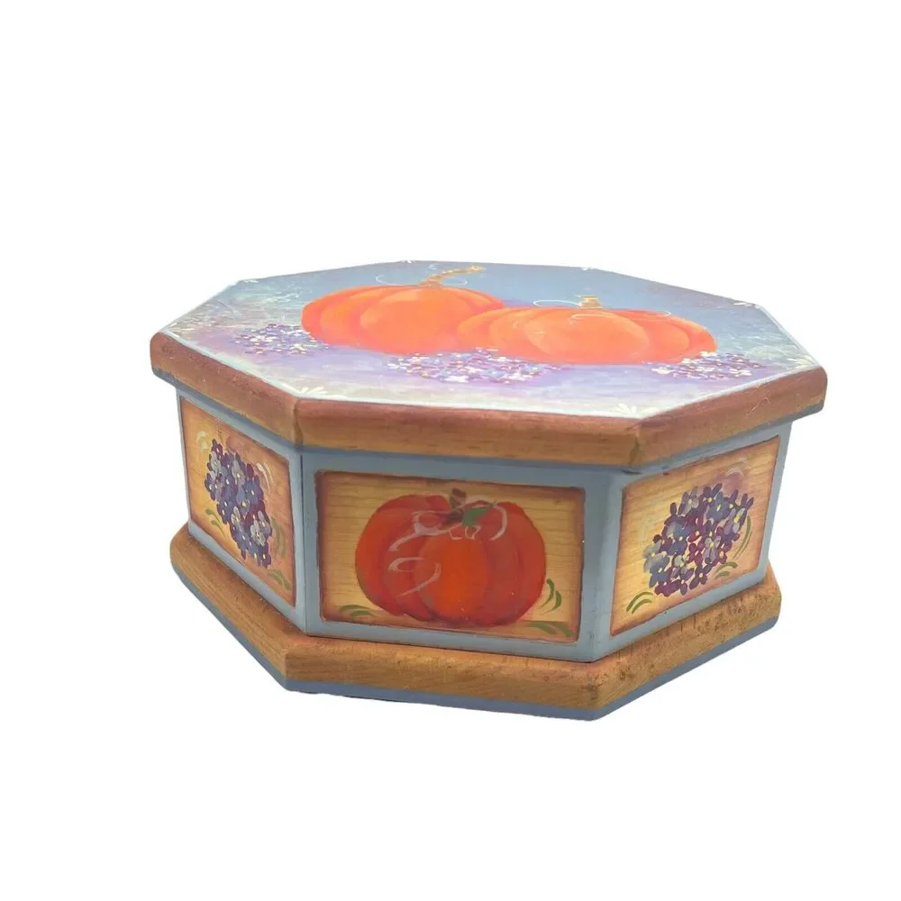 Pumpkin Painted Wooden Box Tole Paint Fall Harvest Thanksgiving Vintage Art